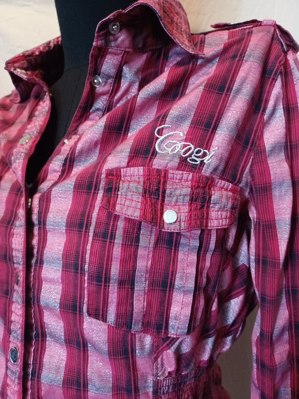 Coogi Vintage Western Cowgirl Red/Pink Plaid Snap-Up Shirt with Metallic Stripe